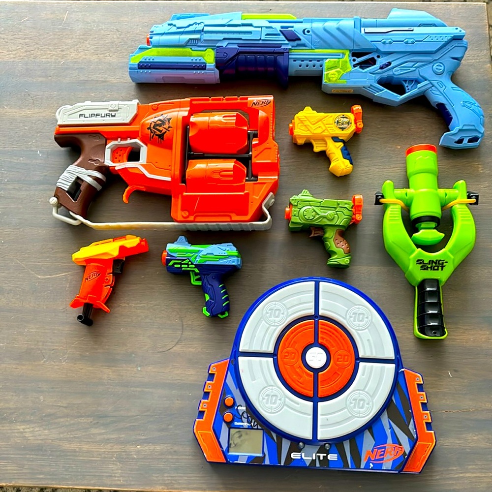Nerf target, guns, sling shot